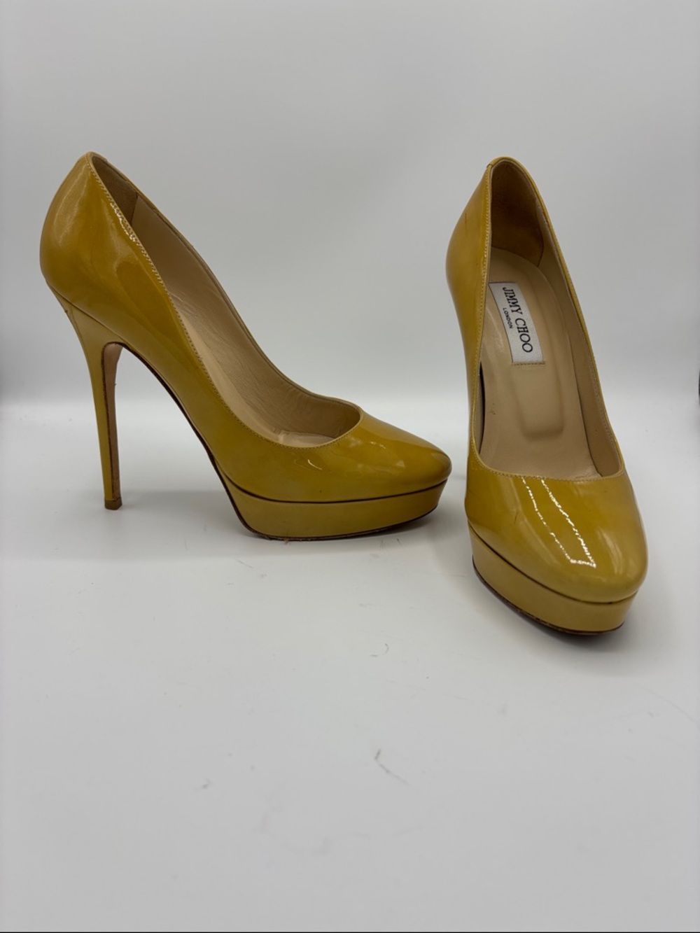 Jimmy Choo Mustard Yellow Patent Leather Platform Pumps